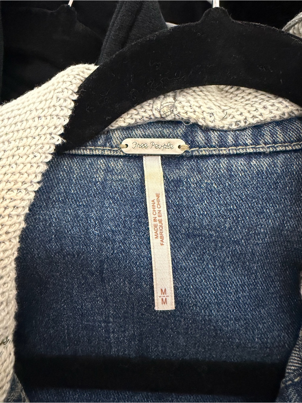 Free People Blue Denim Trucker Jacket with Gray Knit Hoodie Sleeves - Picture 3 of 3